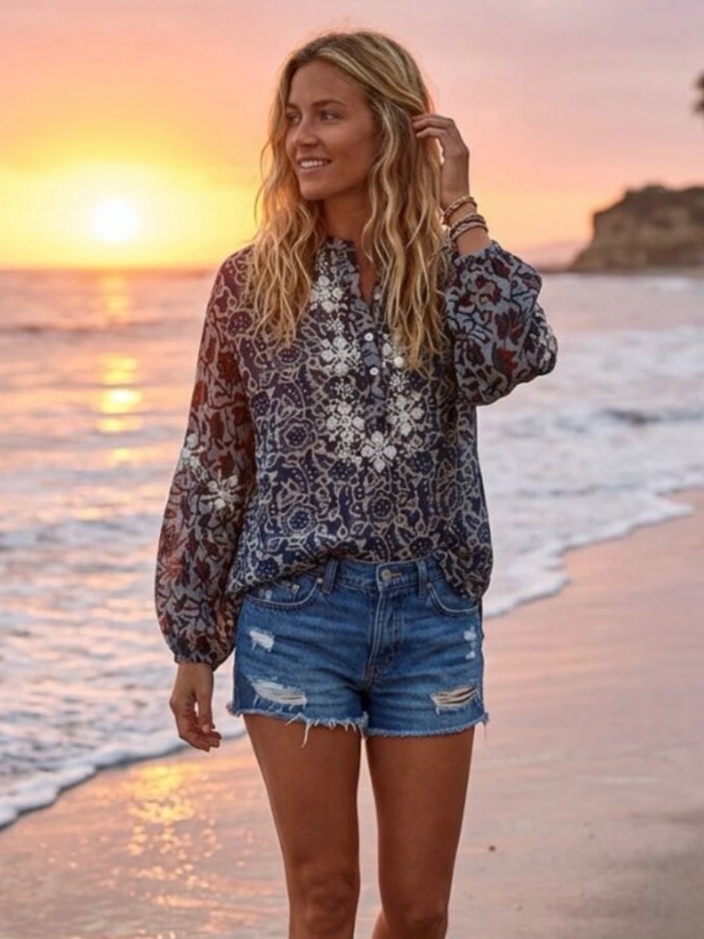 Miss June Boho Micro Mirror Embellished Cotton Blouse M/L